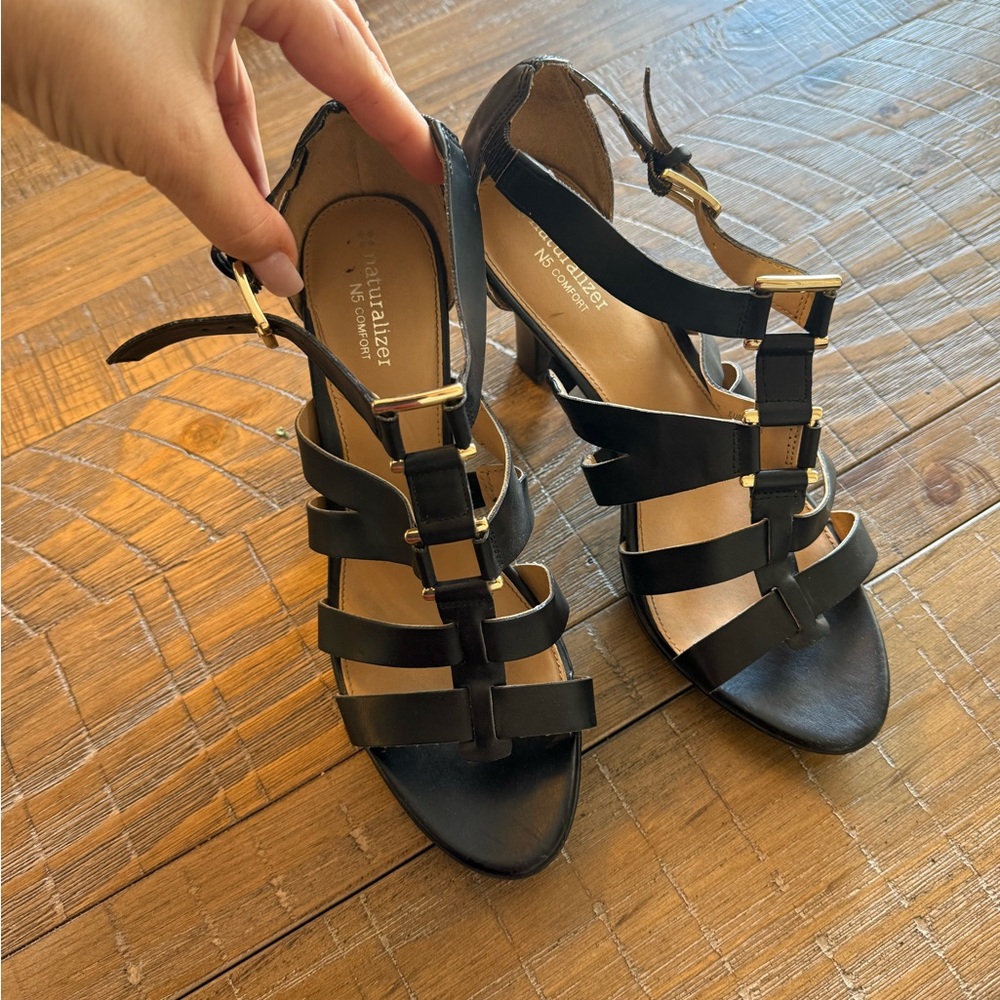 Naturalizer Black Strappy Heels with Gold Accents